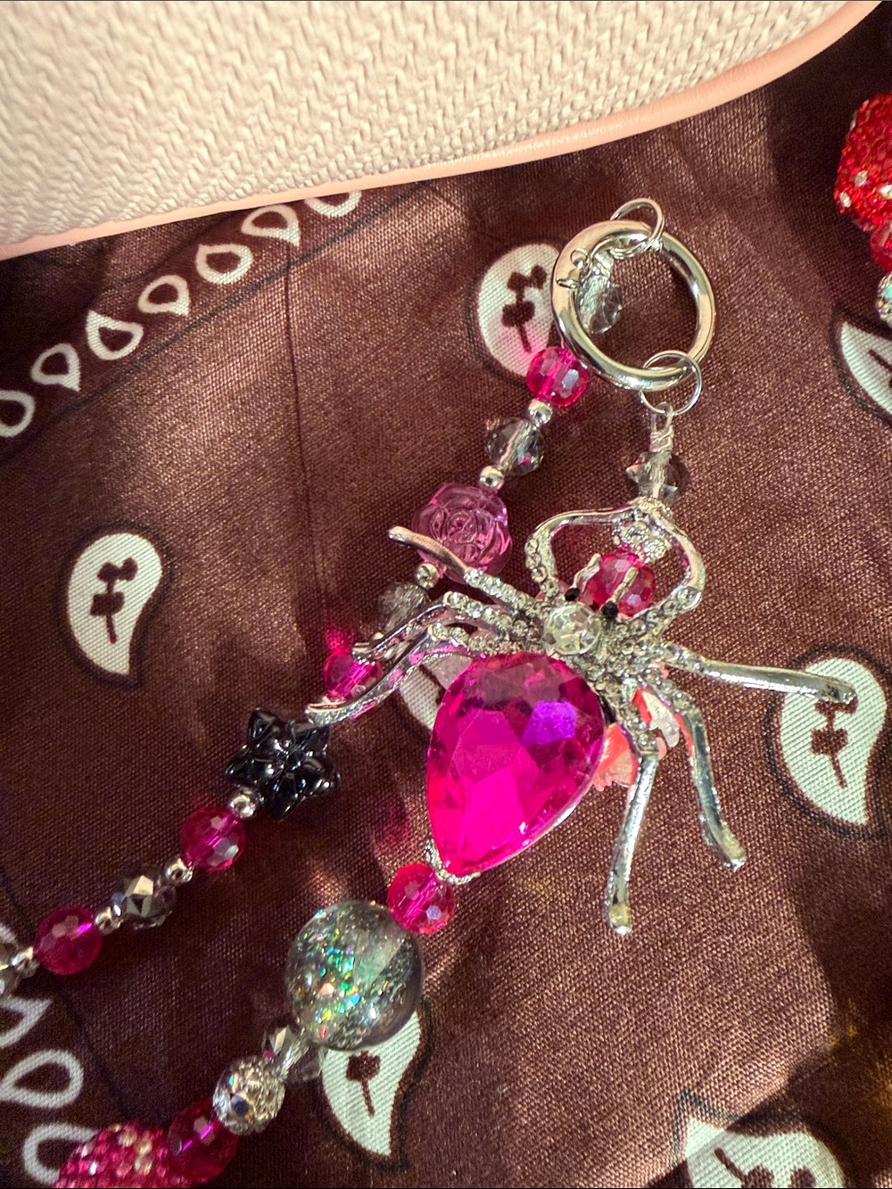 Hot Pink Crystal Spider Charm Keychain Wristlet